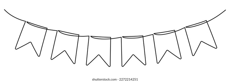 Continuous line art drawing buntings garland. Celebration party hand drawn elements. Vector linear illustration isolated on white. 