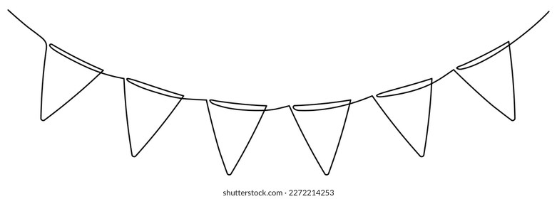 Continuous line art drawing buntings garland. Celebration party hand drawn flags. Vector linear illustration isolated on white. 