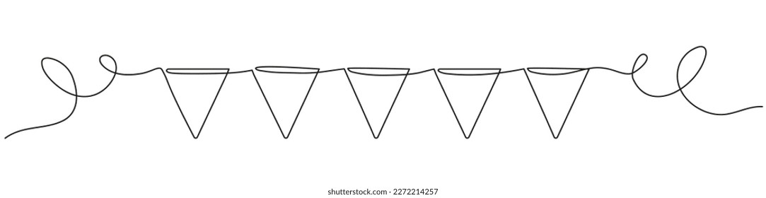 Continuous line art drawing buntings garland. Celebration party hand drawn flags. Vector linear illustration isolated on white. 