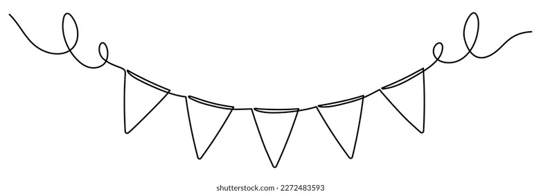 Continuous line art drawing buntings garland. Celebration party hand drawn flags. Vector linear illustration isolated on white. 