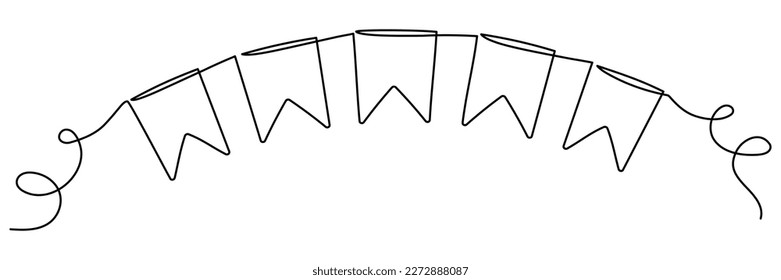 Continuous line art drawing buntings garland. Celebration party hand drawn elements. Vector linear illustration isolated on white.  - Shutterstock ID 2272888087