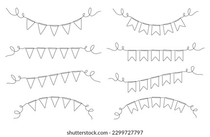 Continuous line art drawing buntings garland set. Celebration party hand drawn elements collection. Vector linear illustration isolated on white.