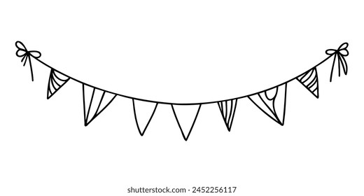 Continuous line art drawing buntings garland. Celebration party hand drawn flags. Vector linear illustration isolated on white