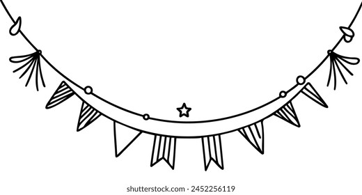 Continuous line art drawing buntings garland. Celebration party hand drawn flags. Vector linear illustration isolated on white