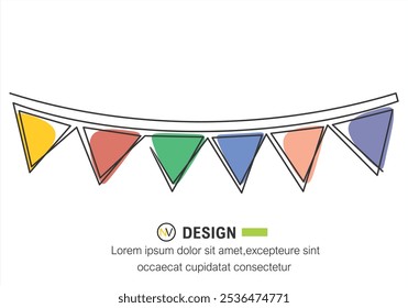 Continuous line art drawing buntings garland. Celebration party hand drawn flags. Vector linear illustration isolated on white.