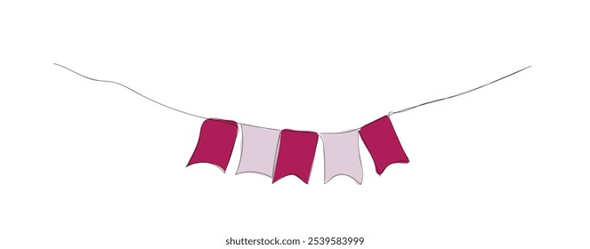Continuous line art drawing buntings garland. Celebration party hand drawn elements. Vector linear illustration isolated on white.