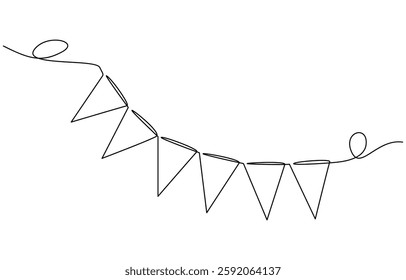 Continuous line art drawing buntings garland. Celebration party hand drawn flags, One line party garland sketch. Hand drawn elements.