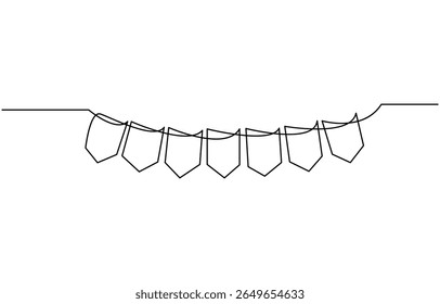 Continuous line art drawing buntings garland. Celebration party hand drawn flags, One line party garland sketch, Hand drawn vector illustration.