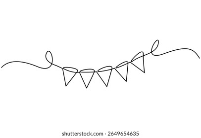 Garland de bruants dessinés à la ligne continue. Drapeaux dessinés à la main de fête de fête, croquis de guirlande de fête une ligne, illustration vectorielle dessinée à la main.