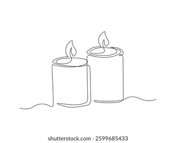 Continuous line art drawing of burning candles. Candles in one line drawing illustration. Editable stroke.