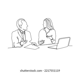 Continuous line art drawing of business man and business woman discussion at the table. Business discussion single line art drawing vector illustration.