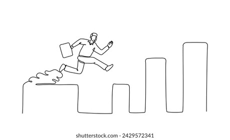 Continuous line art drawing of business man jumping into the top of up chart growt step by step, Vector illustration