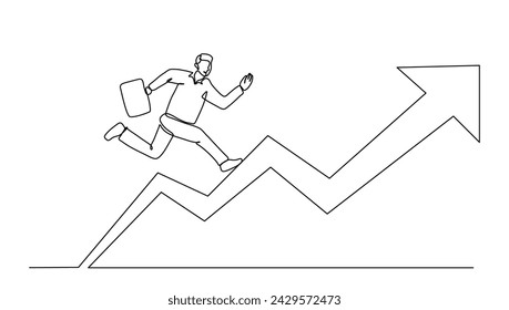 Continuous line art drawing of business man run into the top of up arrow for business, Vector illustration	