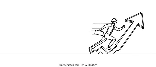 Continuous line art drawing of business man run into the top of up arrow for business, Vector illustration.