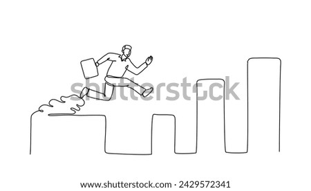 Continuous line art drawing of business man jumping into the top of up chart growt step by step, Vector illustration