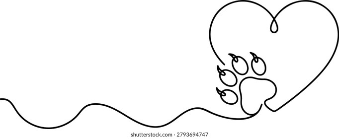 Continuous line art drawing of a cat paw print inside a speech bubble symbolizing public education about responsible cat ownership, hand-drawn vector illustration.