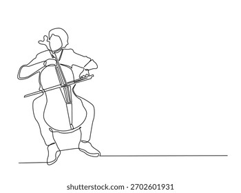 Desenho de arte de linha contínua de Cello Music Player. Músico tocando violoncelo em um único esboço de ilustração. 