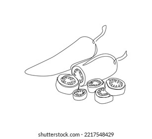 Continuous line art drawing of chili pepper. Hot spice chilli single line art drawing vector illustration.