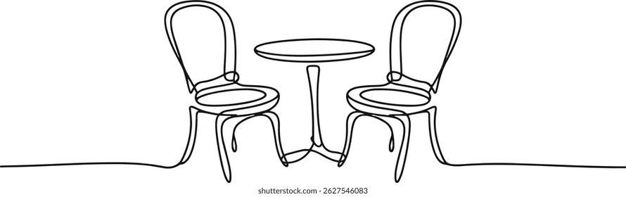 Continuous line art drawing of classic garden chairs and table, minimalist black linear sketch of outdoor dining room furniture on white background

