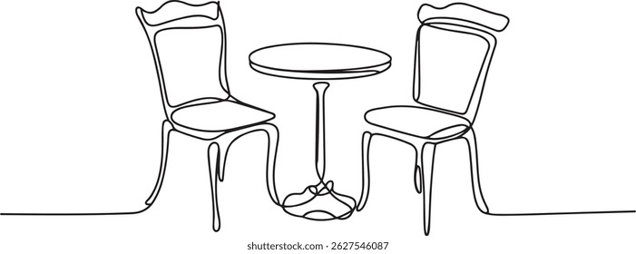 Continuous line art drawing of classic garden chairs and table, minimalist black linear sketch of outdoor dining room furniture on white background

