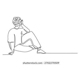 Continuous line art drawing of confusing and stressed person. Man in depression, stressed, headach draw in single outline illustration. 