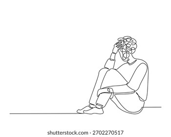 Desenho de arte de linha contínua de pessoa confusa e estressada. Homem em depressão, estressado, dor de cabeça desenhar em um único esboço ilustração. 