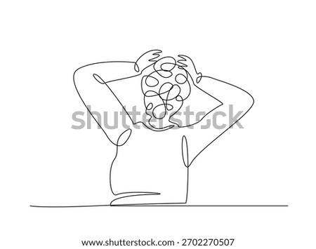 Continuous line art drawing of confusing and stressed person. Man in depression, stressed, headach draw in single outline illustration. 