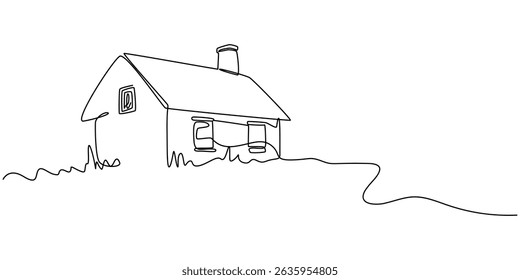 continuous line art drawing of a country house, Continuous one line drawing residential country house. House against the backdrop of nature. Landscape design of a house in the suburbs. One continuous