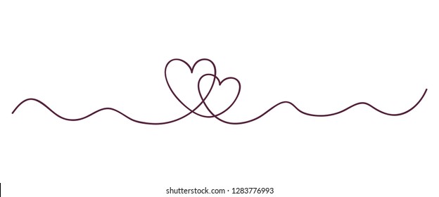 Continuous line art drawing. Couple of hearts symbolize love. Abstract hearts woman and man. Vector illustration .