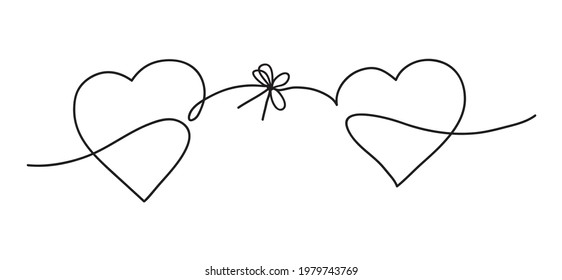 Continuous line art drawing. Couple of hearts symbolize love. Abstract hearts woman and men or friends. Vector illustration.