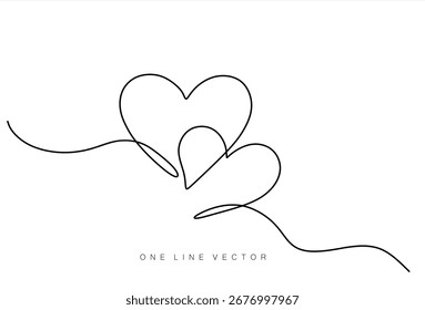 Continuous line art drawing. Couple of hearts symbolize love. Abstract hearts woman and man. Hand drawn one line vector. Editable stroke