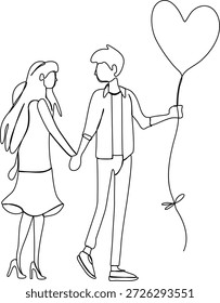 Continuous line art drawing of a Couple holding hands with heart balloon
