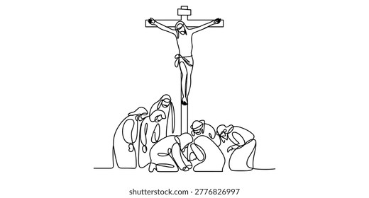 A continuous line art drawing of the crucifixion of jesus christ with kneeling figures below the cross Vector, illustration