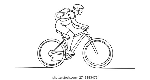 Continuous line art drawing of a cyclist riding a mountain bike with a backpack and helmet Vector, illustration