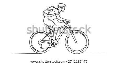 Continuous line art drawing of a cyclist riding a mountain bike with a backpack and helmet Vector, illustration