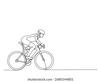 Desenho de arte de linha contínua de ciclistas que pedalam na estrada, conceito de corrida esportiva de bicicleta.  Atleta andando de bicicleta em ilustração vetorial de desenho de arte de uma única linha. Traçado editável.