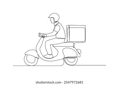 Continuous line art drawing of delivery man riding a scooter.
Delivery man continuous outline vector.	