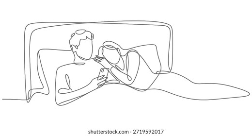 Um desenho artístico em linha contínua representando um casal na cama olhando para um smartphone em conjunto Vetor, ilustração