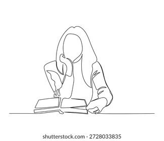 Dibujo de arte lineal continuo representa a una mujer profundamente absorta en la lectura de un libro abierto, mostrando el enfoque y la contemplación tranquila