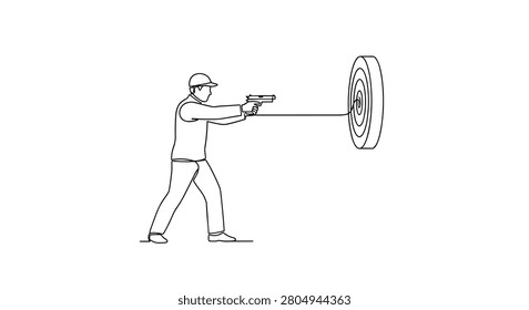 A continuous line art drawing depicts a person wearing a cap, aiming a pistol directly at the bullseye of a circular target, illustrating precision and marksmanship