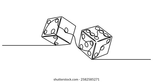 continuous line art drawing of dice, dice one line art vector, Two dices of vector illustration. Continuous contour drawing of game dice, A single pro drawing of a dices. Continuous one dice. 