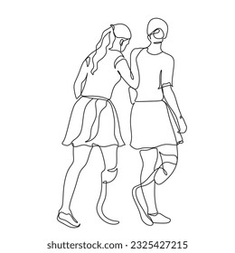 A continuous line art drawing disabled girls help each other. Disabled people. Vector stock illustration.