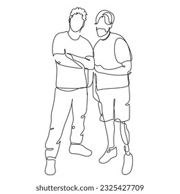 A continuous line art drawing a disabled man with an amputated foot on prostheses. Support and friendship between disabled people. Vector stock illustration.