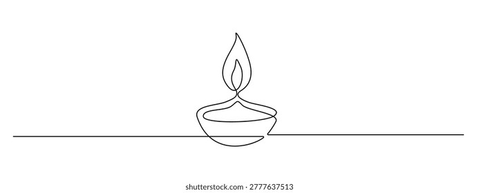 Continuous line art drawing of diwali diya lamp with beauty ornament. Vector illustration featuring golden candle outline and decorative elements for festive greeting card design. Vector illustration