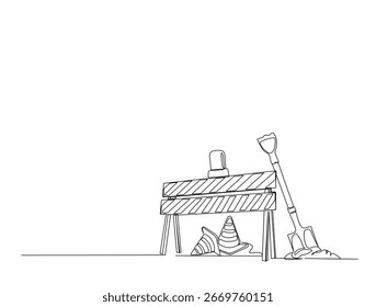 Continuous line art drawing of emergency warning crossbar for industrial concept. Crossbar protection sign in single line art drawing vector illustration. Editable stroke.