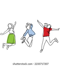 Continuous line art drawing of excited preteen kids. Adolescents jumping out of sheer joy. Cognitive developments of tweens. Positive developmental psychology. Young boys and girls vector art. 