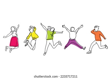 Continuous line art drawing of excited preteen kids. Adolescents jumping out of sheer joy. Cognitive developments of tweens. Positive developmental psychology. Young boys and girls vector art. 