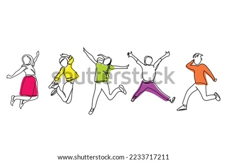 Continuous line art drawing of excited preteen kids. Adolescents jumping out of sheer joy. Cognitive developments of tweens. Positive developmental psychology. Young boys and girls vector art. 