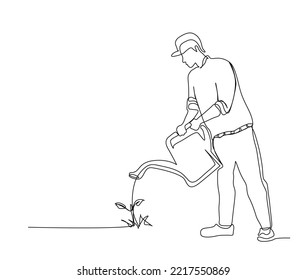 Continuous line art drawing of farmer watering the plants using watering can. Farming single line art drawing vector illustration.