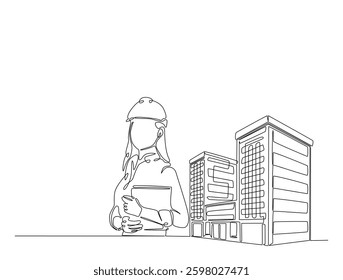 Continuous line art drawing of female engineer worker with modern building real estate. female engineer, architect ,property agent in one line drawing illustration. Editable stroke.